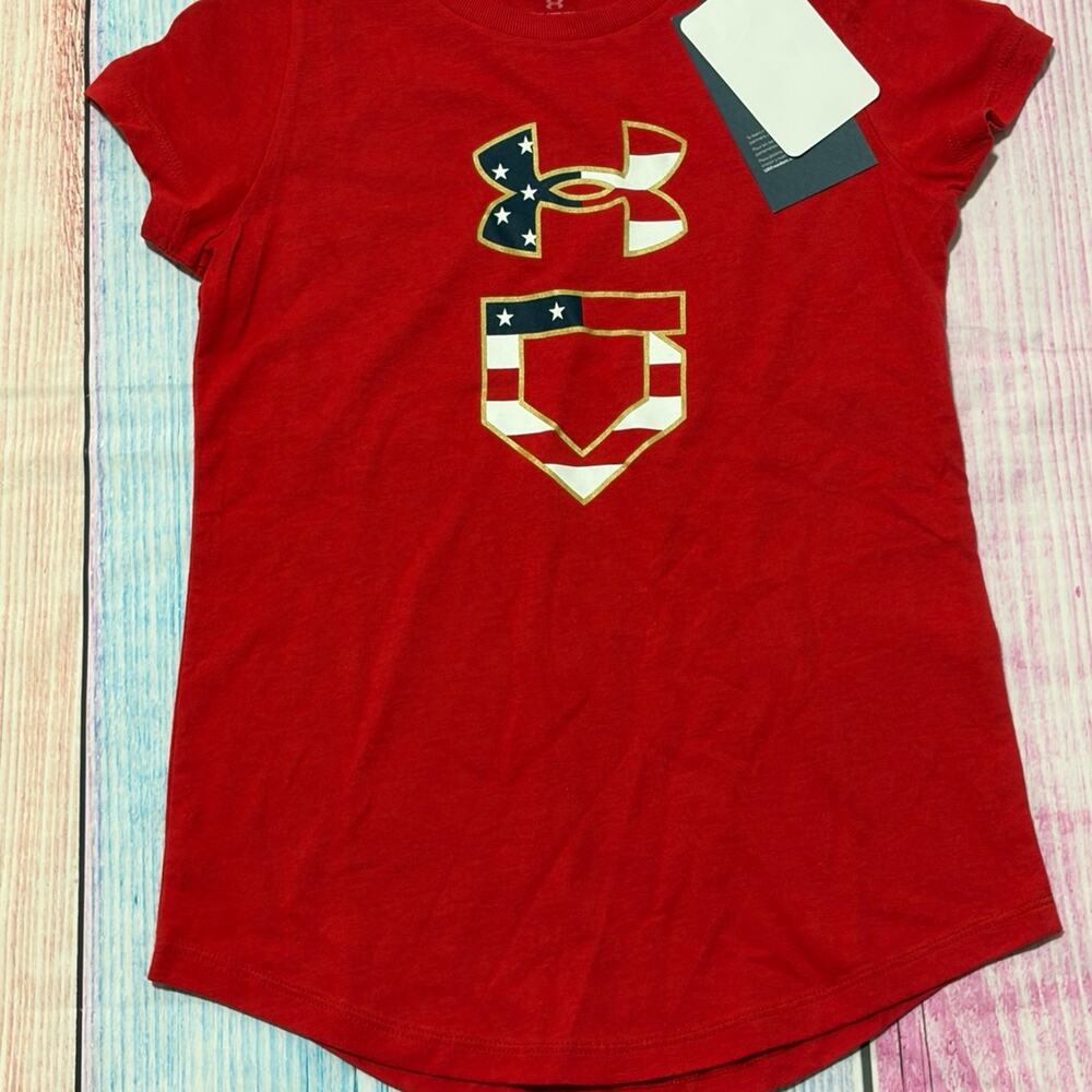 Under Armour Girls Youth XS 6/7 Red American Flag Logo Short Sleeve Tee – NWT